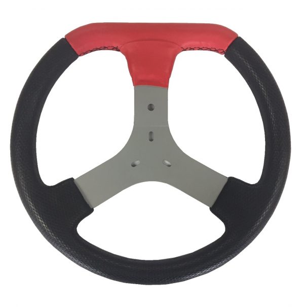 Volante de Kart Universal em PU Detalhe Corino Vermelho Costurado com Chapa Silver 349mm de Diâmetro